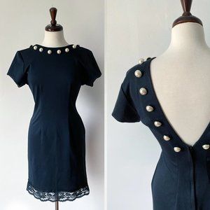 90s Does 50s Midnight Blue Dress with Pearl Buttons Size S